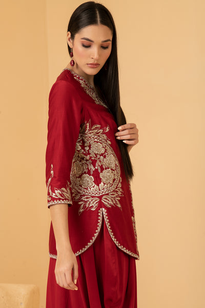 Red chanderi long top with modal satin dhoti pants