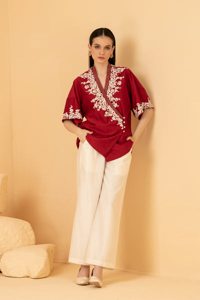 Red chanderi overlap top with chanderi Palazzo pants