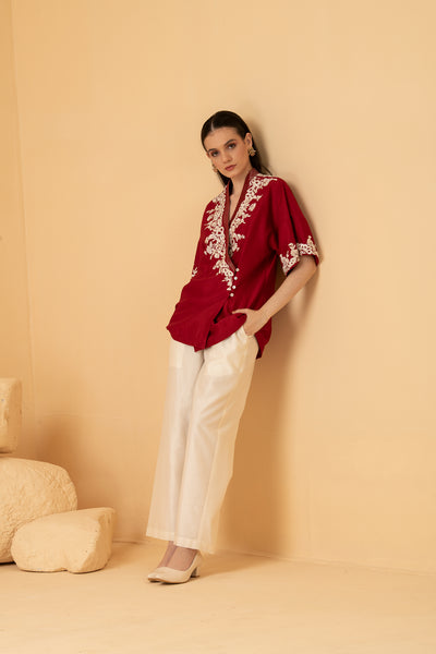 Red chanderi overlap top with chanderi Palazzo pants