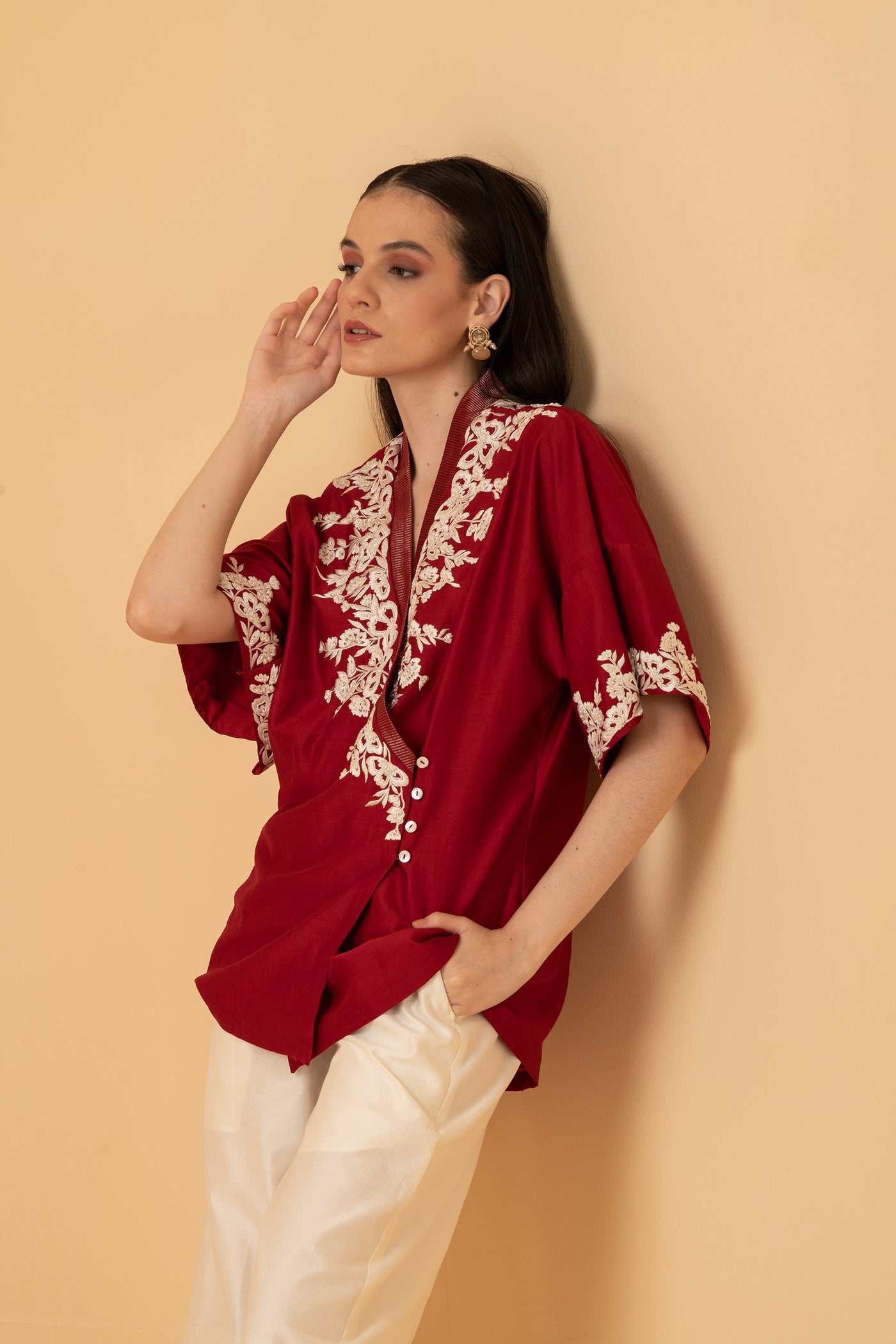 Red chanderi overlap top with chanderi Palazzo pants