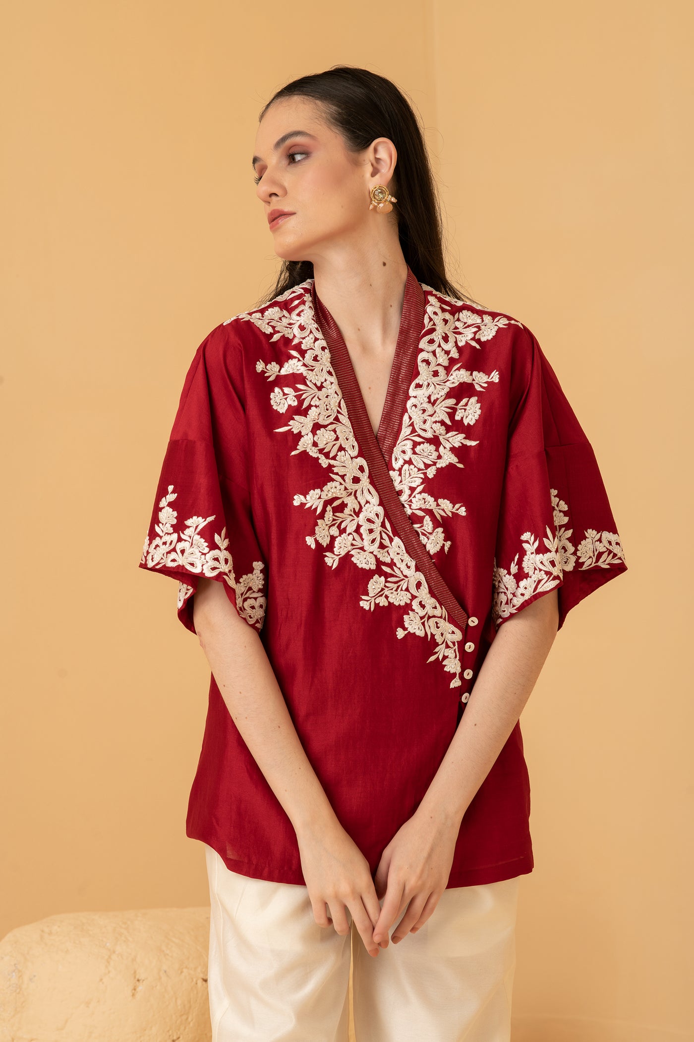 Red chanderi overlap top with chanderi Palazzo pants