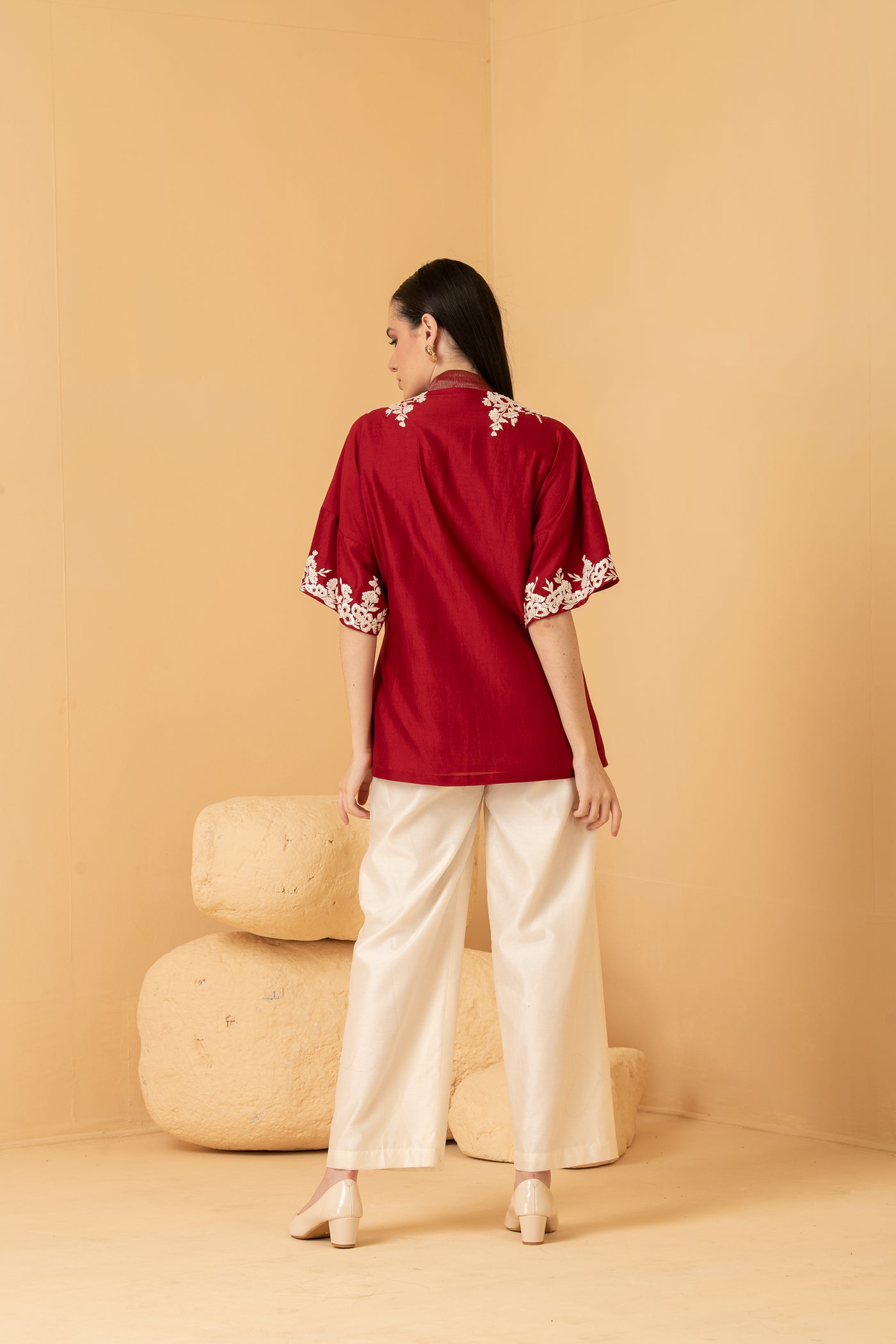 Red chanderi overlap top with chanderi Palazzo pants