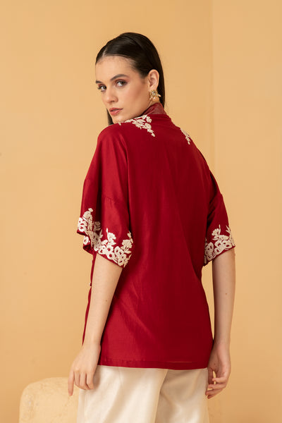 Red chanderi overlap top with chanderi Palazzo pants