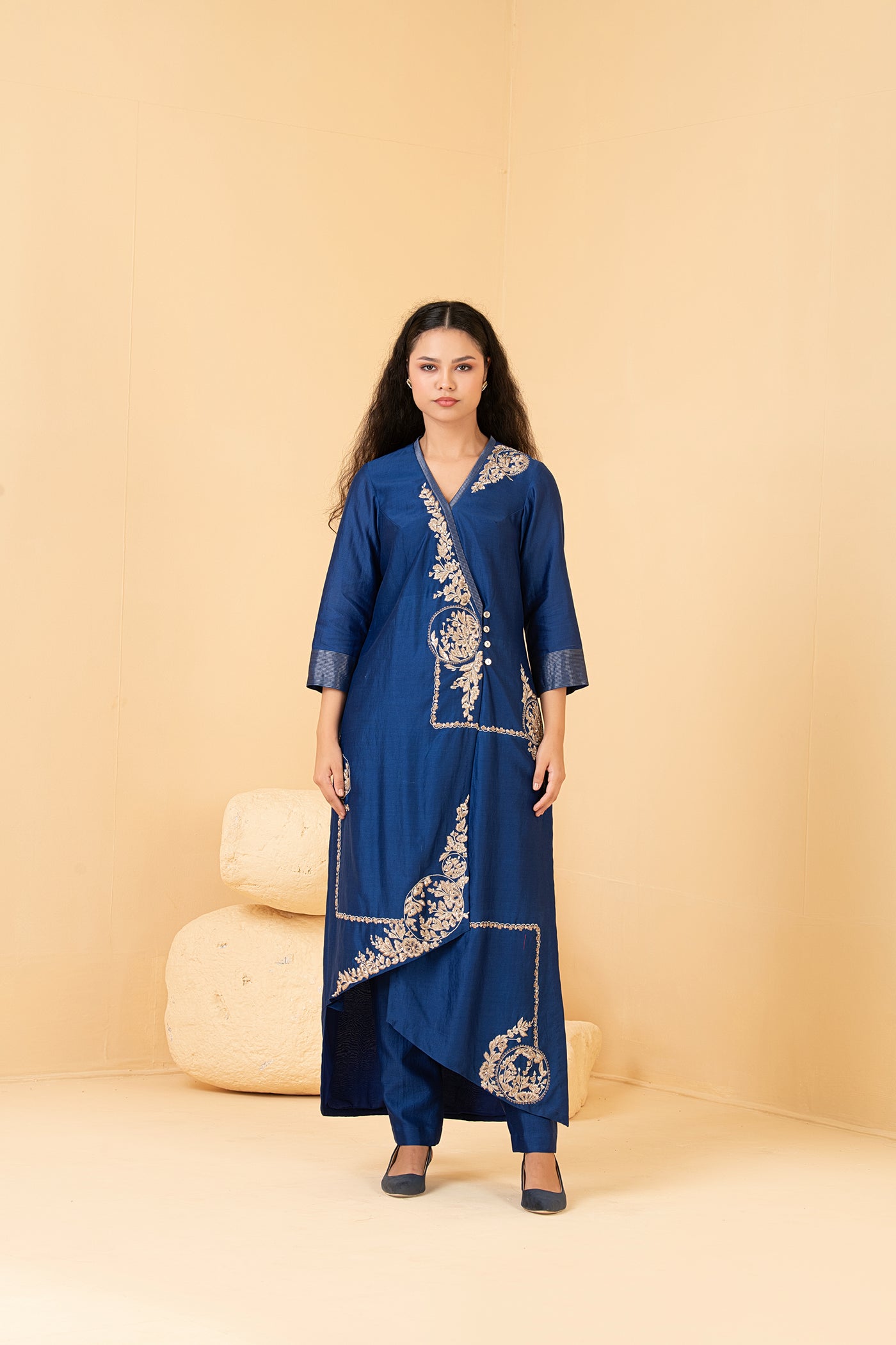 Blue chanderi asymetrical overlap style tunic with chanderi pants