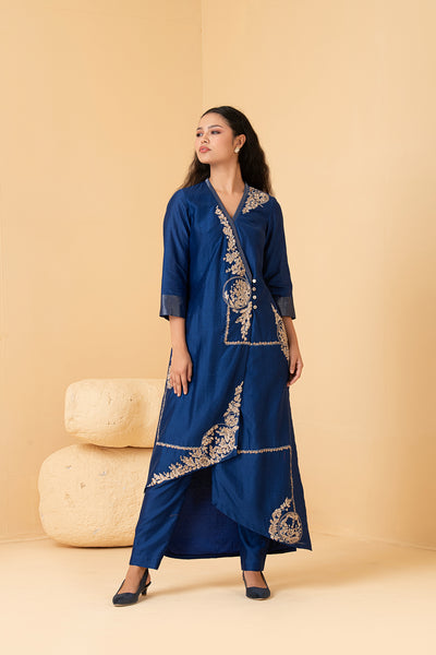 Blue chanderi asymetrical overlap style tunic with chanderi pants