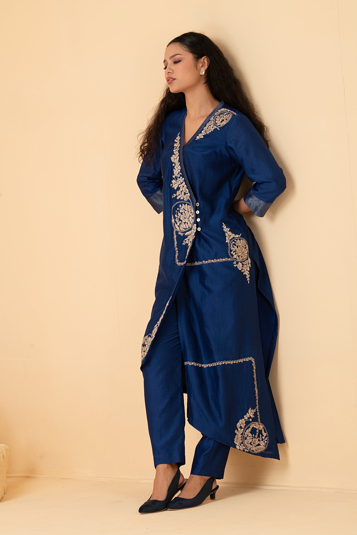 Blue chanderi asymetrical overlap style tunic with chanderi pants