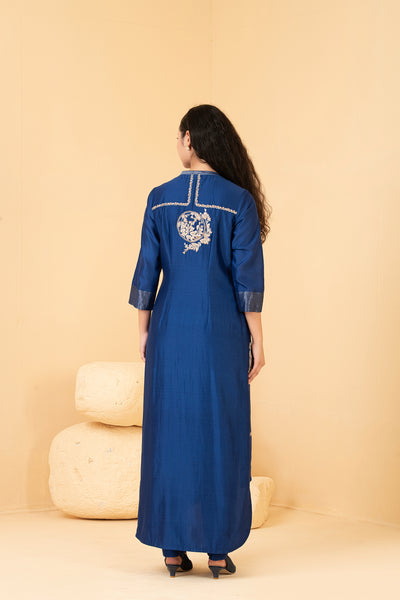 Blue chanderi asymetrical overlap style tunic with chanderi pants