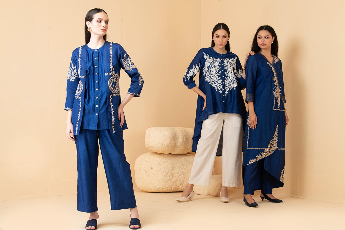 Blue modal satin jacket with chanderi sleeveless  top and chanderi pants