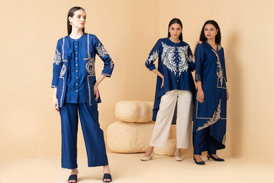 Blue modal satin jacket with chanderi sleeveless  top and chanderi pants