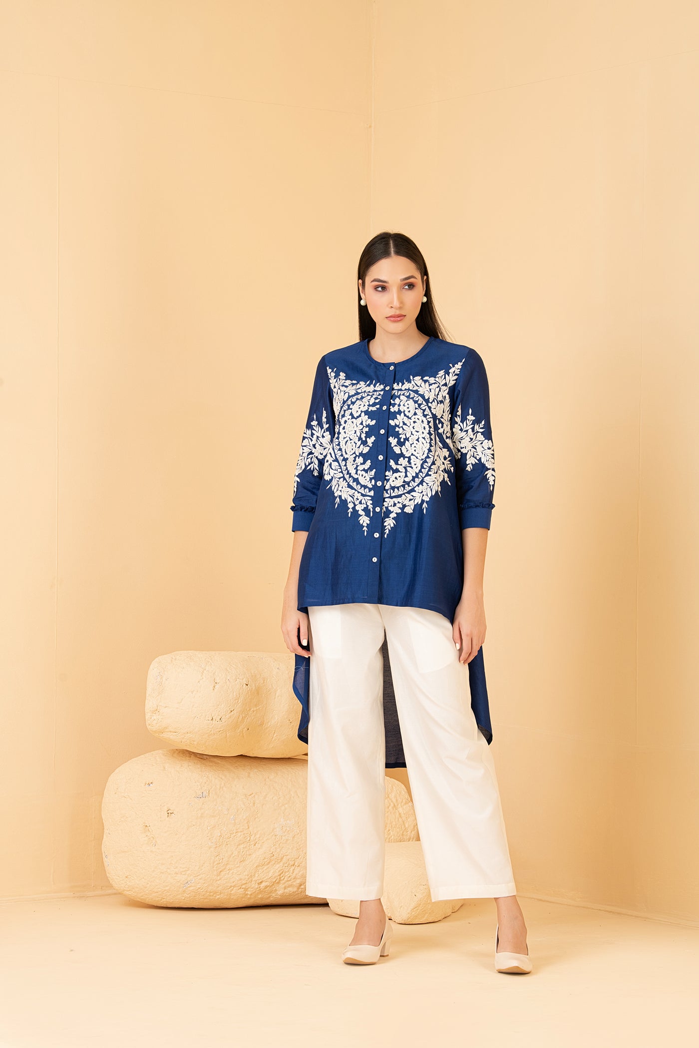 Blue chanderi asymetrical top with white palazo pants