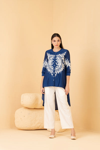 Blue chanderi asymetrical top with white palazo pants