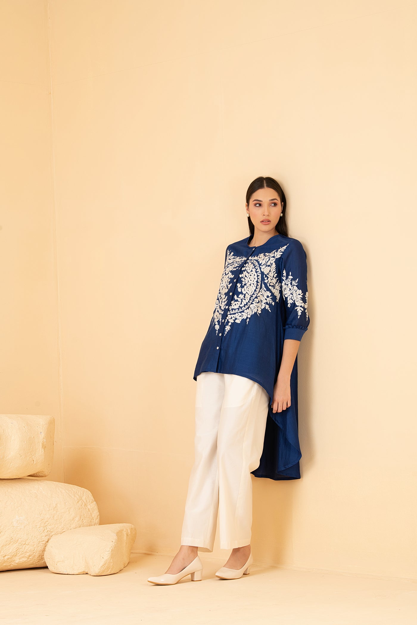 Blue chanderi asymetrical top with white palazo pants