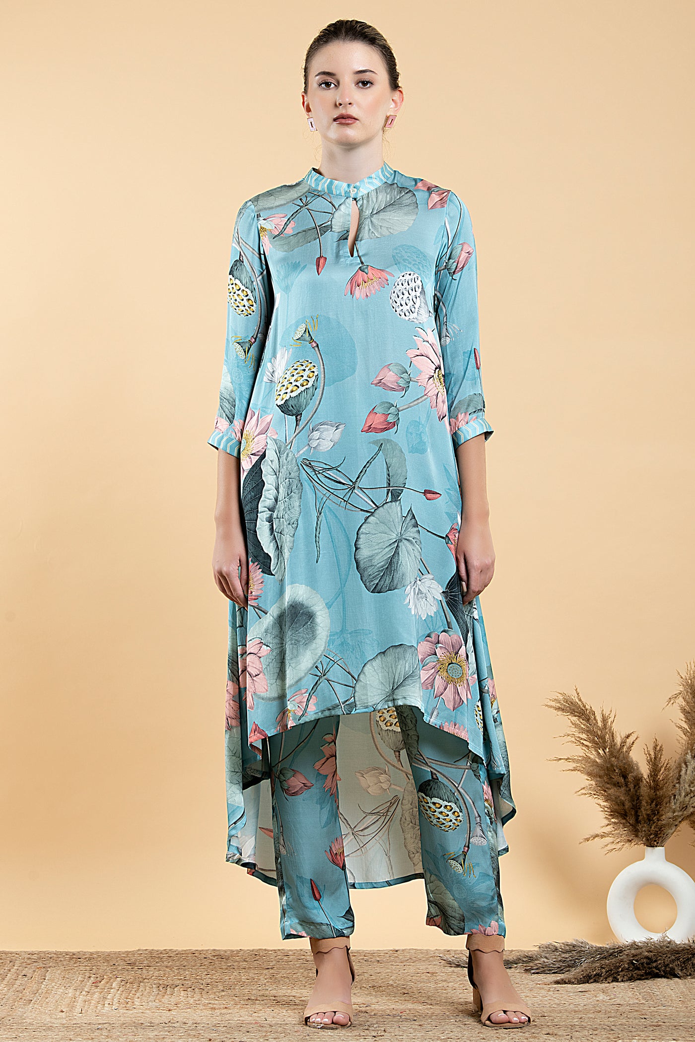 Nelumbo Asymetrical Summer Satin Tunic Set